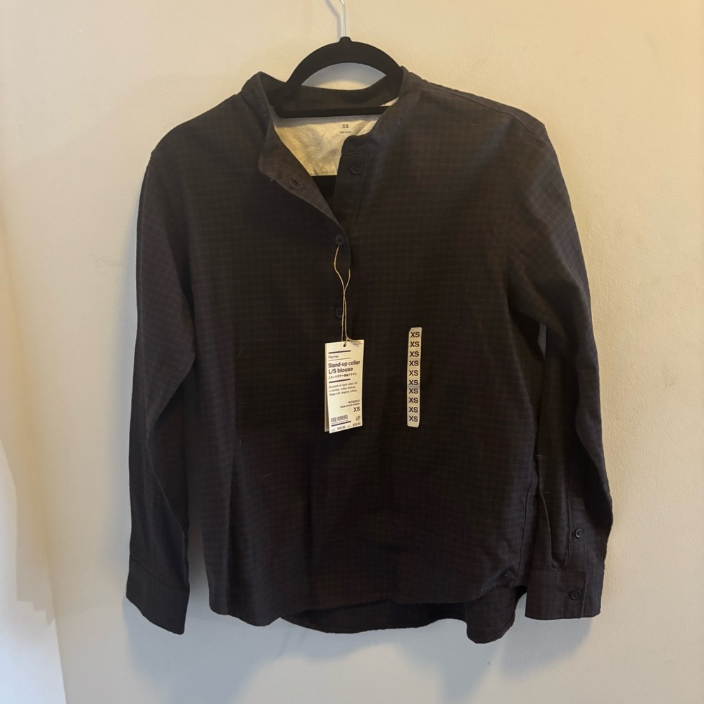 Muji NWT Flannel Stand-up collar L/S blouse - dark brown check